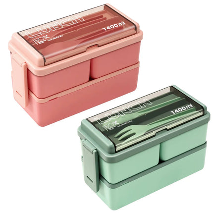 1400ml Double Layer Bento Box with Fork & Spoon | Microwave-Safe Meal Storage for School, Office, and Travel