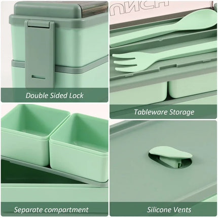 1400ml Double Layer Bento Box with Fork & Spoon | Microwave-Safe Meal Storage for School, Office, and Travel