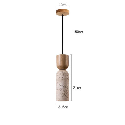 Wabi-Sabi Pendant Light with Natural Travertine & Wood | Minimalist Downlight for Serene Bedroom and Dining Spaces