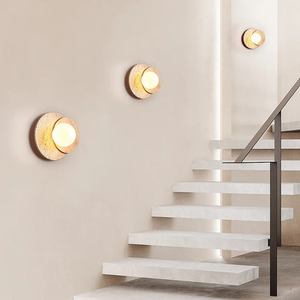 Wabi-Sabi Stone Wall Lamp with Soft Ambient Glow | Natural Stone and Wood Design for Serene Interiors