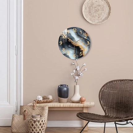 Blue & Gold Marble Wall Clock with Silent Quartz Movement | Elegant Wooden Design for Modern Interiors