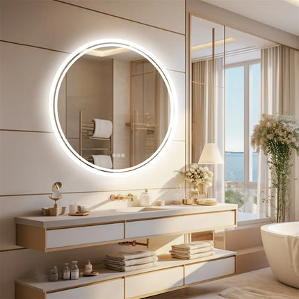 Round LED Bathroom Mirror with Anti-Fog & Dimmable Touch Control | Modern Frameless Design for Clear Reflections