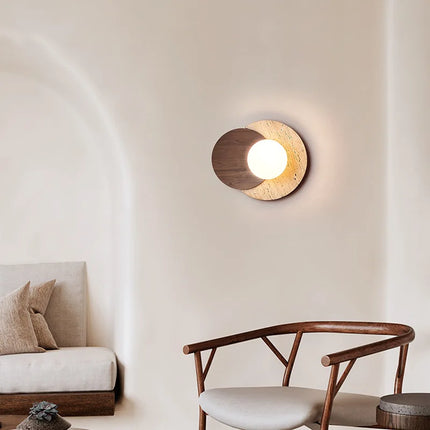 Wabi-Sabi Stone Wall Lamp with Soft Ambient Glow | Natural Stone and Wood Design for Serene Interiors