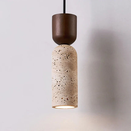 Wabi-Sabi Pendant Light with Natural Travertine & Wood | Minimalist Downlight for Serene Bedroom and Dining Spaces