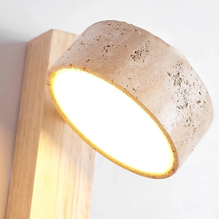 Wall Lamp with Solid Wood and Travertine Stone | French Wabi-Sabi Design for Soft Downward Light