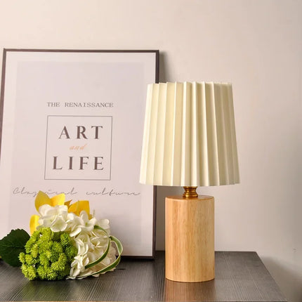 Pleated Table Lamp with Solid Wood Base | Warm Ambient Lighting for Nordic-Korean Style Décor