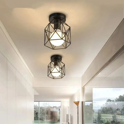 Gold Ceiling Light Fixture with Geometric Metal Cage Design | Compact Modern Illumination for Hallways and Small Rooms