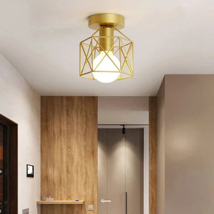 Gold Ceiling Light Fixture with Geometric Metal Cage Design | Compact Modern Illumination for Hallways and Small Rooms