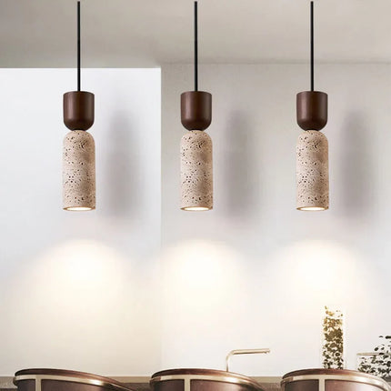 Wabi-Sabi Pendant Light with Natural Travertine & Wood | Minimalist Downlight for Serene Bedroom and Dining Spaces