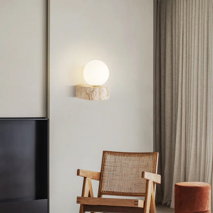Modern Travertine Wall Lamp with Frosted Glass Diffuser | Minimalist Japanese-Style Lighting for Serene Interiors
