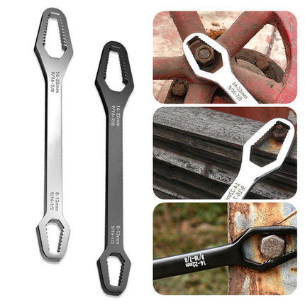 Dual Head Adjustable Wrench 8-13mm and 14-22mm, Toothed Anti Slip Jaws, Silver and Black Compact Spanner for Bike Repairs