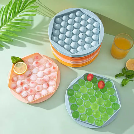 Round Ice Cube Tray, 37 Compartments, Flexible Silicone Sphere Ice Ball Mold, Easy Release, Pink or Blue, for Chilled Drinks