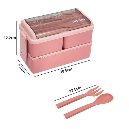 1400ml Double Layer Bento Box with Fork & Spoon | Microwave-Safe Meal Storage for School, Office, and Travel