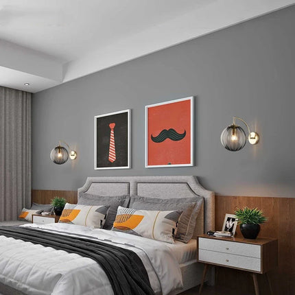 Modern Glass Ball Wall Lamp with Brass Arm & Tinted Shade | Stylish Ambient Lighting for Bedrooms and Living Rooms