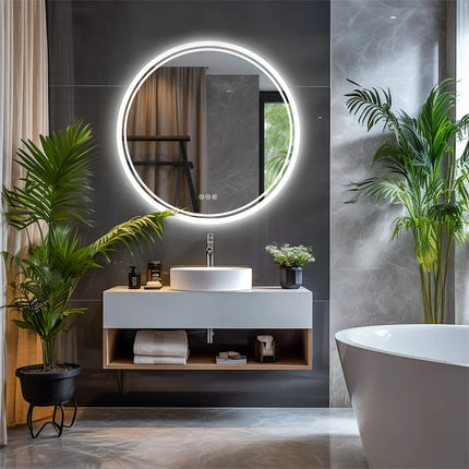 Round LED Bathroom Mirror with Anti-Fog & Dimmable Touch Control | Modern Frameless Design for Clear Reflections
