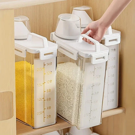 Airtight Grain Storage Container with Measuring Cup | 2.5L Food Dispenser for Rice, Flour, Cereal, and Snacks