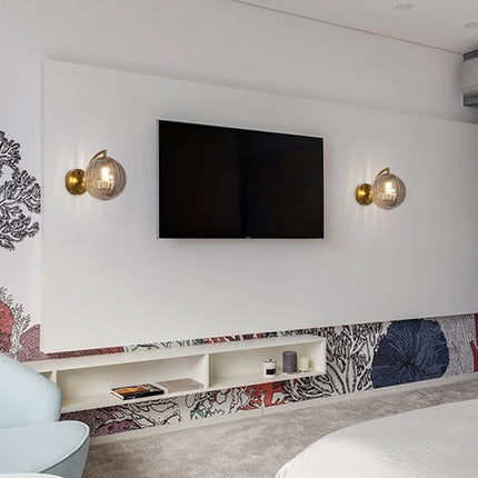 Modern Glass Ball Wall Lamp with Brass Arm & Tinted Shade | Stylish Ambient Lighting for Bedrooms and Living Rooms
