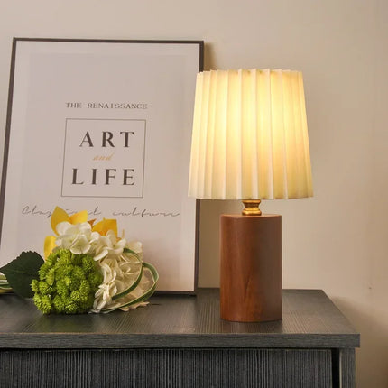 Pleated Table Lamp with Solid Wood Base | Warm Ambient Lighting for Nordic-Korean Style Décor