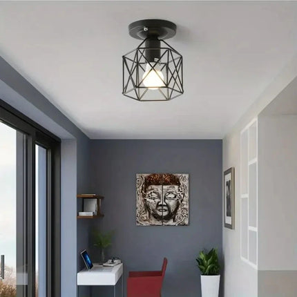 Gold Ceiling Light Fixture with Geometric Metal Cage Design | Compact Modern Illumination for Hallways and Small Rooms