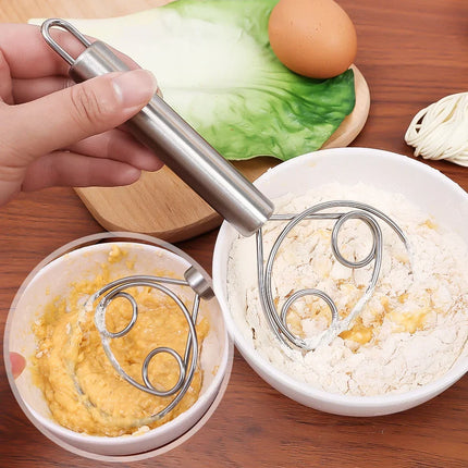 Danish Dough Whisk with Wood Handle, Stiff Looped Wire Bread Whisk for Thick Dough and Batter Mixing