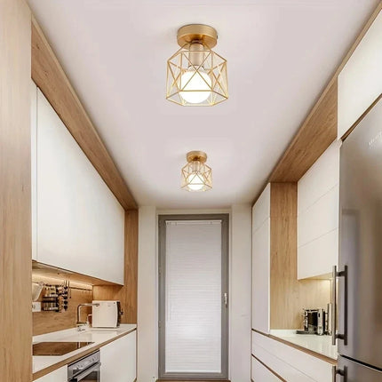 Gold Ceiling Light Fixture with Geometric Metal Cage Design | Compact Modern Illumination for Hallways and Small Rooms