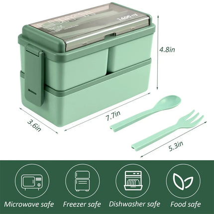 1400ml Double Layer Bento Box with Fork & Spoon | Microwave-Safe Meal Storage for School, Office, and Travel