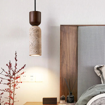 Wabi-Sabi Pendant Light with Natural Travertine & Wood | Minimalist Downlight for Serene Bedroom and Dining Spaces