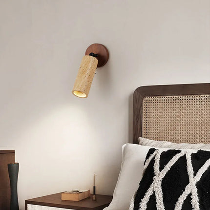 Wabi-Sabi Wall Lamp with Handcrafted Travertine & Wood Design | Soft Focused Lighting for Calming Interiors