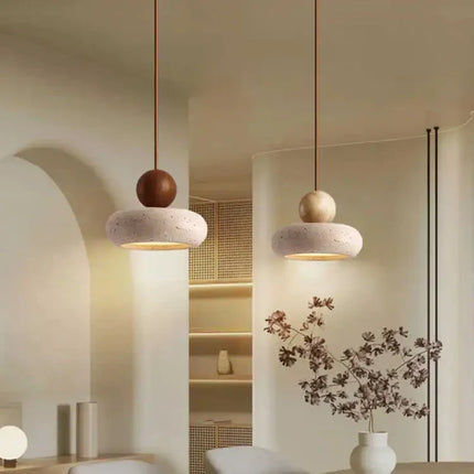 Natural Stone Pendant Light with Wood Accent | Adjustable Drop for Warm Ambience in Any Room