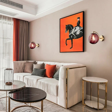 Modern Glass Ball Wall Lamp with Brass Arm & Tinted Shade | Stylish Ambient Lighting for Bedrooms and Living Rooms