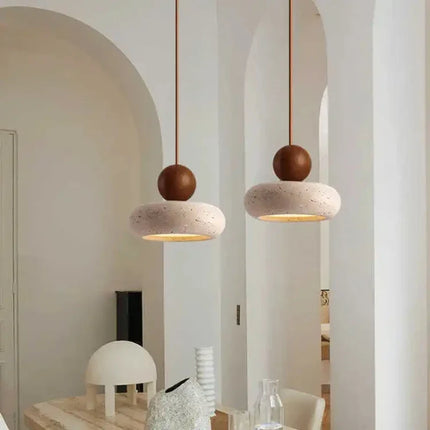 Natural Stone Pendant Light with Wood Accent | Adjustable Drop for Warm Ambience in Any Room