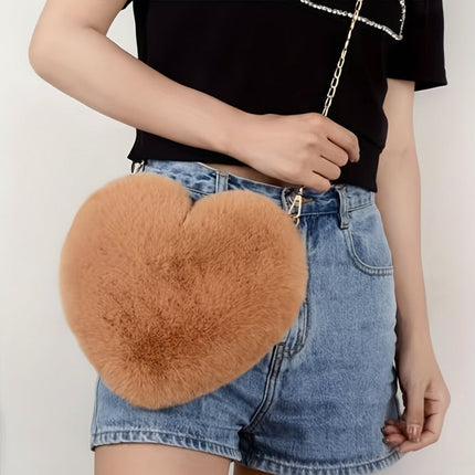 Faux Fur Heart Shoulder Bag with Zipper Closure | Soft Crossbody Purse for Everyday Style