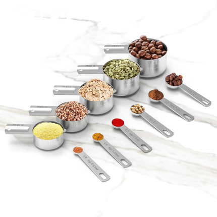Stainless Steel Measuring Cups and Spoons Set for Accurate Baking | Dishwasher Safe with Engraved Markings