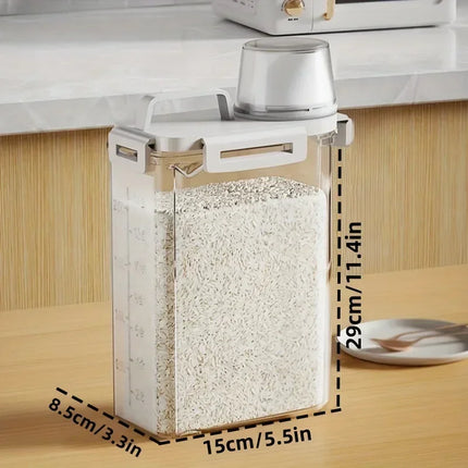 Airtight Grain Storage Container with Measuring Cup | 2.5L Food Dispenser for Rice, Flour, Cereal, and Snacks