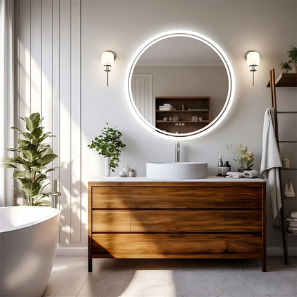 Round LED Bathroom Mirror with Anti-Fog & Dimmable Touch Control | Modern Frameless Design for Clear Reflections