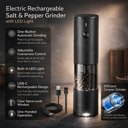 Electric Salt Pepper Grinder with Rechargeable LED Light | One-Handed Operation for Adjustable Spice Texture