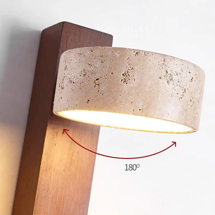 Wall Lamp with Solid Wood and Travertine Stone | French Wabi-Sabi Design for Soft Downward Light
