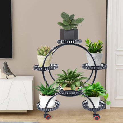 Metal Plant Stand with Wheels for 6 Pots | Stylish Indoor & Outdoor Organizer with Elegant Design