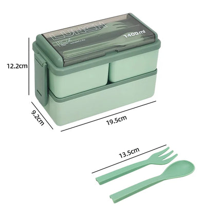 1400ml Double Layer Bento Box with Fork & Spoon | Microwave-Safe Meal Storage for School, Office, and Travel