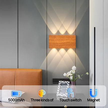 Rechargeable Wall Lamp with Modern Wood-Grain Design | Wireless Touch-Controlled Lighting for Any Space