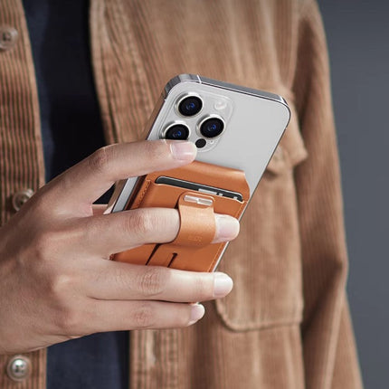 MagSafe Leather Card Holder for Phone, Magnetic Card Wallet with Finger Loop and Portrait or Landscape Stand
