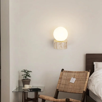 Modern Travertine Wall Lamp with Frosted Glass Diffuser | Minimalist Japanese-Style Lighting for Serene Interiors