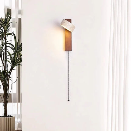 Wall Lamp with Solid Wood and Travertine Stone | French Wabi-Sabi Design for Soft Downward Light