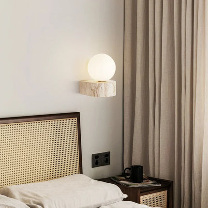 Modern Travertine Wall Lamp with Frosted Glass Diffuser | Minimalist Japanese-Style Lighting for Serene Interiors