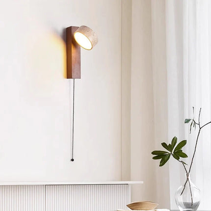 Wall Lamp with Solid Wood and Travertine Stone | French Wabi-Sabi Design for Soft Downward Light