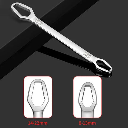 Dual Head Adjustable Wrench 8-13mm and 14-22mm, Toothed Anti Slip Jaws, Silver and Black Compact Spanner for Bike Repairs