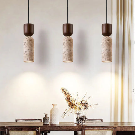 Wabi-Sabi Pendant Light with Natural Travertine & Wood | Minimalist Downlight for Serene Bedroom and Dining Spaces