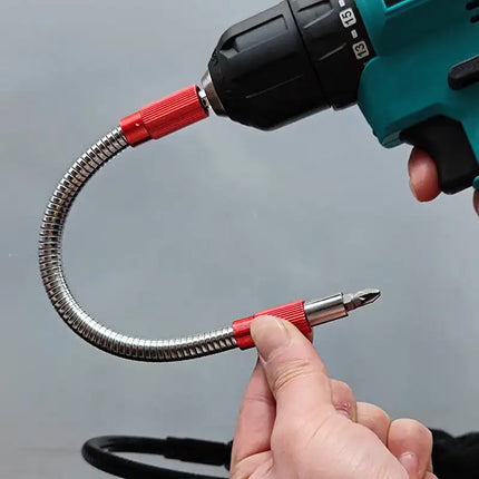 Drill Bit Extension Kit with Adjustable Height and Screwdriver Bit Set, Red and Silver Flexible Shaft for Cabinet Backs and Crevices