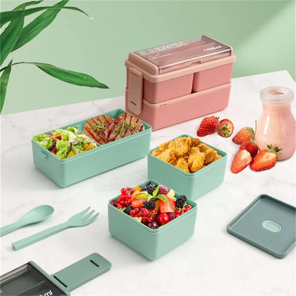 1400ml Double Layer Bento Box with Fork & Spoon | Microwave-Safe Meal Storage for School, Office, and Travel