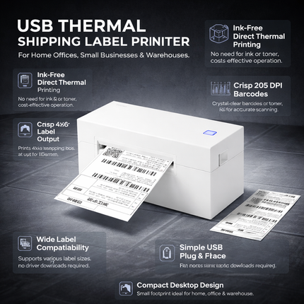 USB Thermal Shipping Label Printer for 4x6 Labels | Fast Ink-Free Printing for Home and Business Use